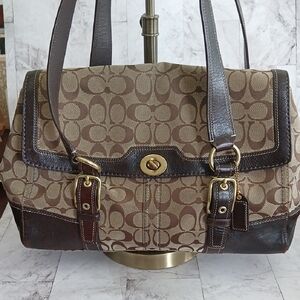 Coach Brown and Tan Signature Shoulder Bag